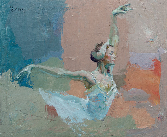 Tableau de peinture d'une danseuse en tenue blanche sur fond bleu, blanc, rouge.